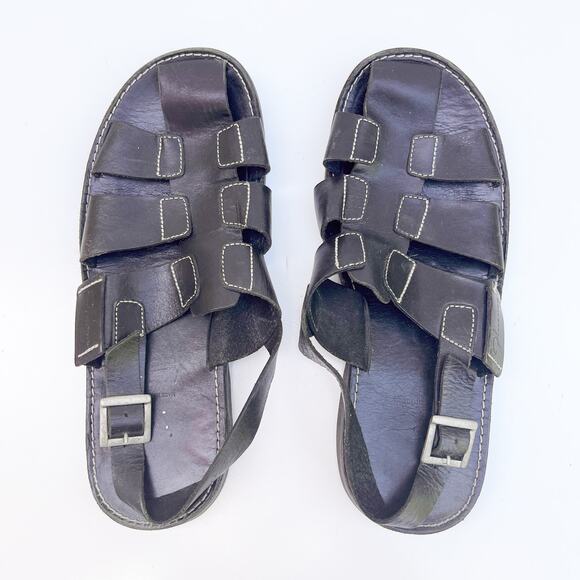 John Fluevog vintage black leather fisherman sandals woven flats size 9 men's 11 - Picture 1 of 9